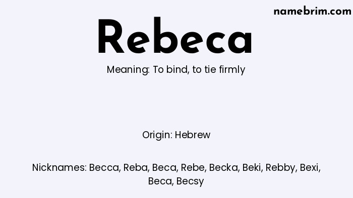 Infographic of Rebeca name meaning, which is a name of Hebrew origin, Rebeca means to bind, and Becca is a nickname for Rebeca.