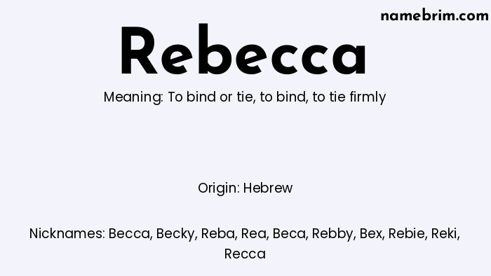 Infographic of Rebecca name meaning, which is a name of Hebrew origin, Rebecca means to bind or tie, and Becca is a nickname for Rebecca.