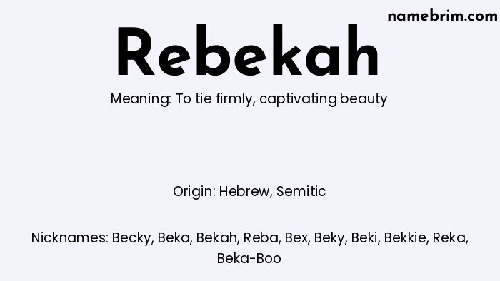 Infographic of Rebekah name meaning, which is a name of Hebrew origin, Rebekah means to tie firmly, and Becky is a nickname for Rebekah.