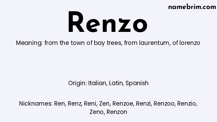 Renzo, a name of Italian origin, means 'of lorenzo.' A common nickname for Renzo is Ren.