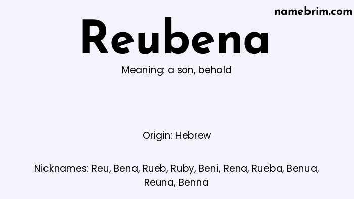 Infographic of Reubena name meaning, which is a name of Hebrew origin, Reubena means behold, and Reu is a nickname for Reubena.