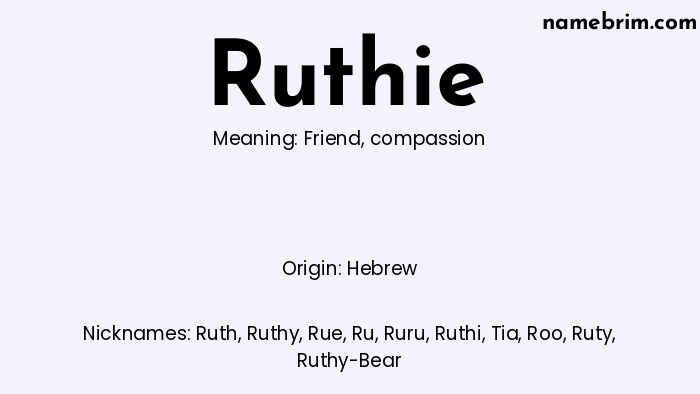 Infographic of Ruthie name meaning, which is a name of Hebrew origin, Ruthie means friend, and Ruth is a nickname for Ruthie.