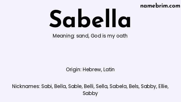 Infographic of Sabella name meaning, which is a name of Hebrew origin, Sabella means God is my oath, and Sabi is a nickname for Sabella.