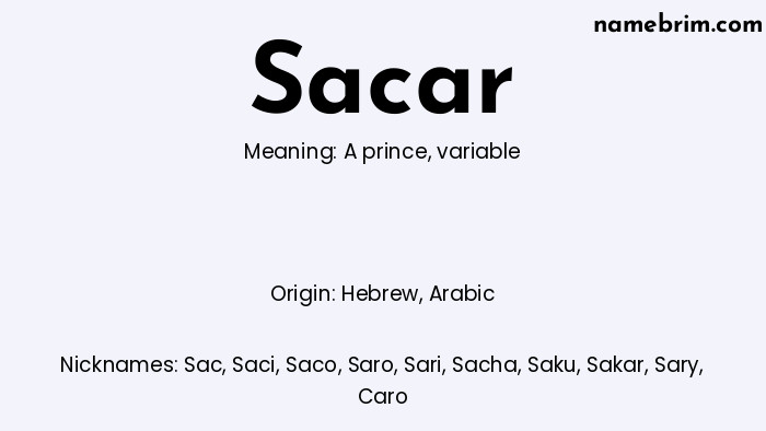 Infographic of Sacar name meaning, which is a name of Hebrew origin, Sacar means a prince, and Sac is a nickname for Sacar.