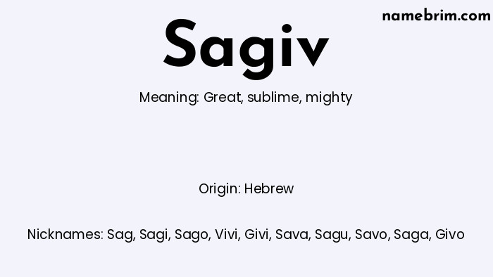 Infographic of Sagiv name meaning, which is a name of Hebrew origin, Sagiv means great, and Sag is a nickname for Sagiv.