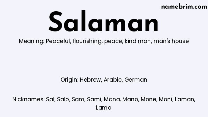 Infographic of Salaman name meaning, which is a name of Hebrew origin, Salaman means peaceful, and Sal is a nickname for Salaman.