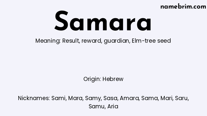 Infographic of Samara name meaning, which is a name of Hebrew origin, Samara means result, and Sami is a nickname for Samara.