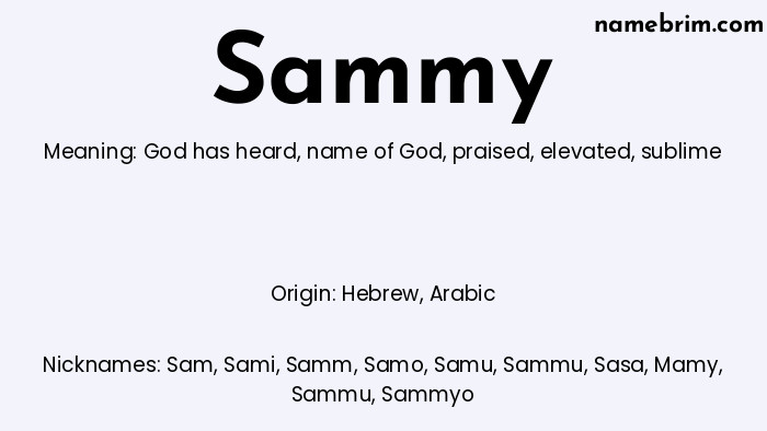 Infographic of Sammy name meaning, which is a name of Hebrew origin, Sammy means God has heard, and Sam is a nickname for Sammy.