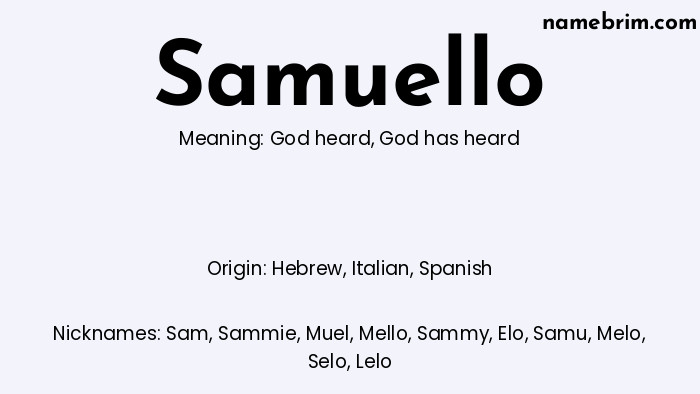 Infographic of Samuello name meaning, which is a name of Hebrew origin, Samuello means God heard, and Sam is a nickname for Samuello.