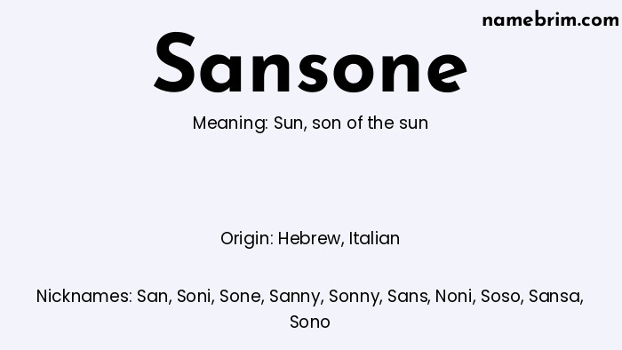 Infographic of Sansone name meaning, which is a name of Hebrew origin, Sansone means sun, and San is a nickname for Sansone.