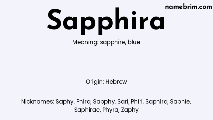 Infographic of Sapphira name meaning, which is a name of Hebrew origin, Sapphira means blue, and Saphy is a nickname for Sapphira.