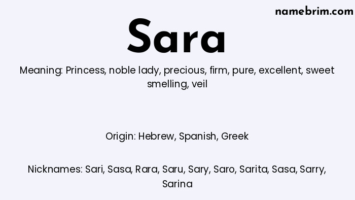 Infographic of Sara name meaning, which is a name of Hebrew origin, Sara means princess, and Sari is a nickname for Sara.