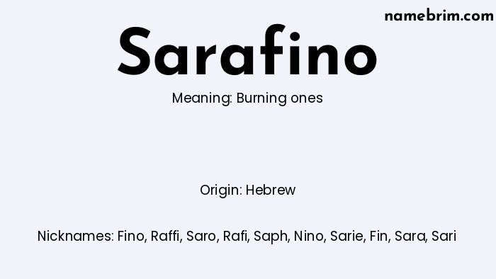 Infographic of Sarafino name meaning, which is a name of Hebrew origin, Sarafino means burning ones, and Fino is a nickname for Sarafino.