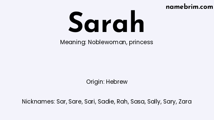 Infographic of Sarah name meaning, which is a name of Hebrew origin, Sarah means noblewoman, and Sar is a nickname for Sarah.