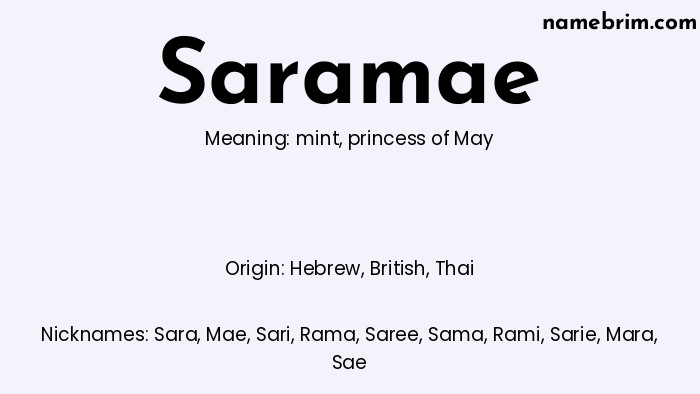 Infographic of Saramae name meaning, which is a name of Hebrew origin, Saramae means princess of May, and Sara is a nickname for Saramae.