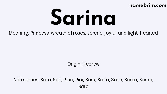 Infographic of Sarina name meaning, which is a name of Hebrew origin, Sarina means princess, and Sara is a nickname for Sarina.