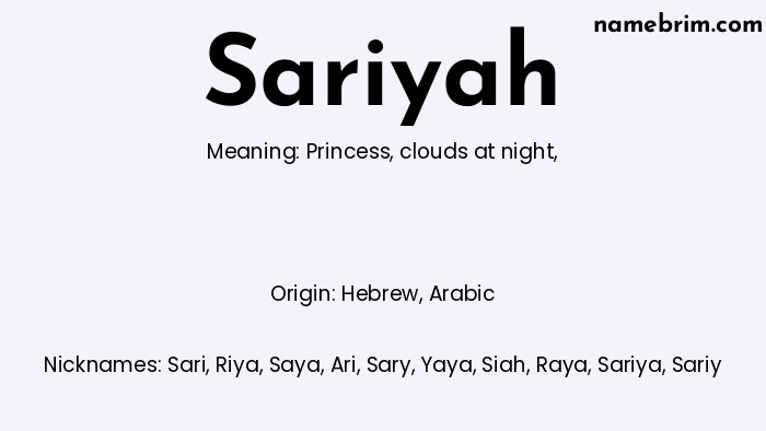 Infographic of Sariyah name meaning, which is a name of Hebrew origin, Sariyah means princess, and Sari is a nickname for Sariyah.