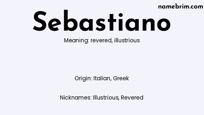 Sebastiano, a name of Italian origin, means 'illustrious.' A common nickname for Sebastiano is Illustrious.