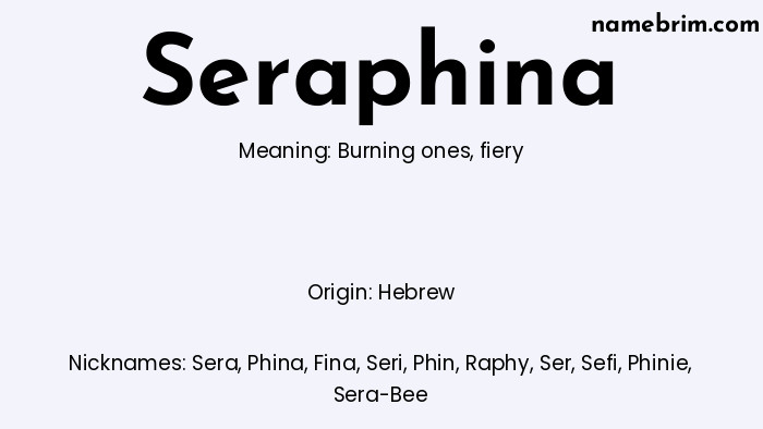 Infographic of Seraphina name meaning, which is a name of Hebrew origin, Seraphina means burning ones, and Sera is a nickname for Seraphina.