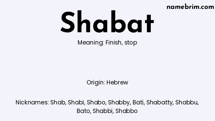 Infographic of Shabat name meaning, which is a name of Hebrew origin, Shabat means finish, and Shab is a nickname for Shabat.