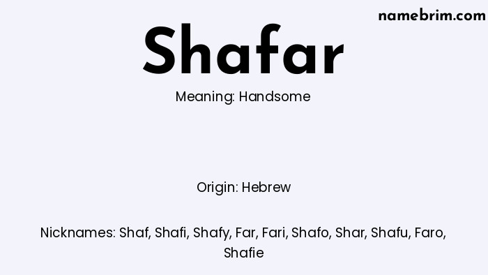 Infographic of Shafar name meaning, which is a name of Hebrew origin, Shafar means handsome, and Shaf is a nickname for Shafar.