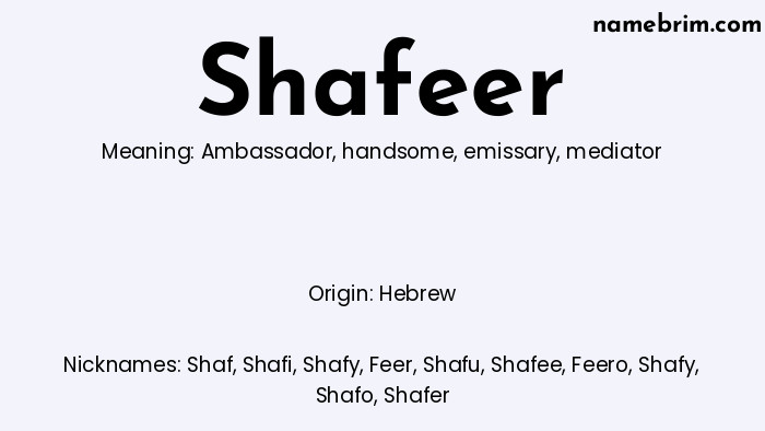 Infographic of Shafeer name meaning, which is a name of Hebrew origin, Shafeer means ambassador, and Shaf is a nickname for Shafeer.