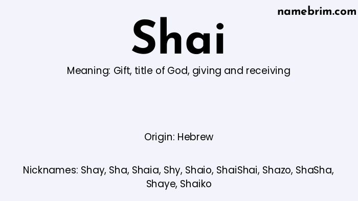 Infographic of Shai name meaning, which is a name of Hebrew origin, Shai means gift, and Shay is a nickname for Shai.