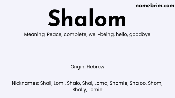 Infographic of Shalom name meaning, which is a name of Hebrew origin, Shalom means peace, and Shali is a nickname for Shalom.