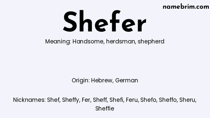 Infographic of Shefer name meaning, which is a name of Hebrew origin, Shefer means handsome, and Shef is a nickname for Shefer.