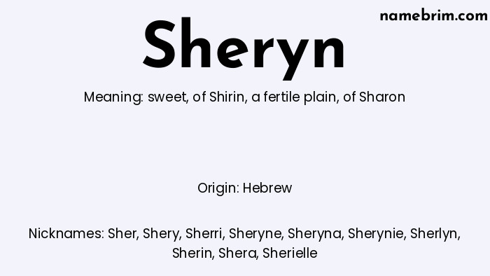 Infographic of Sheryn name meaning, which is a name of Hebrew origin, Sheryn means of Sharon, and Sher is a nickname for Sheryn.