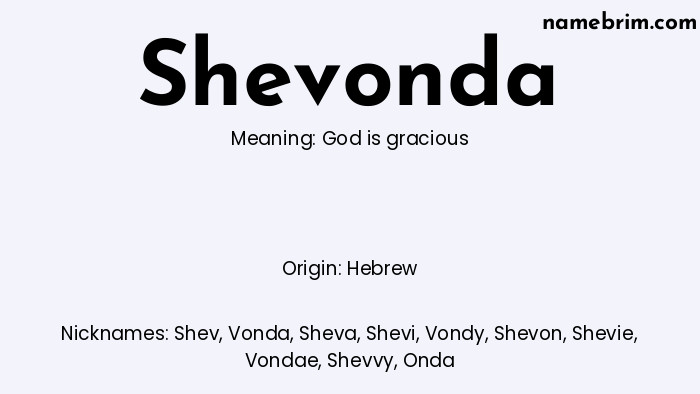 Shevonda, a name of Hebrew origin, means 'God is gracious.' A common nickname for Shevonda is Shev.