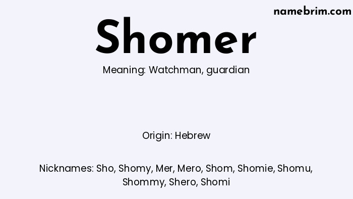 Infographic of Shomer name meaning, which is a name of Hebrew origin, Shomer means watchman, and Sho is a nickname for Shomer.