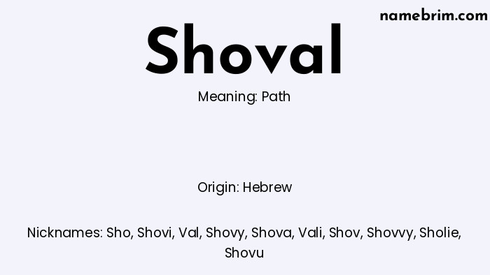 Infographic of Shoval name meaning, which is a name of Hebrew origin, Shoval means path, and Sho is a nickname for Shoval.