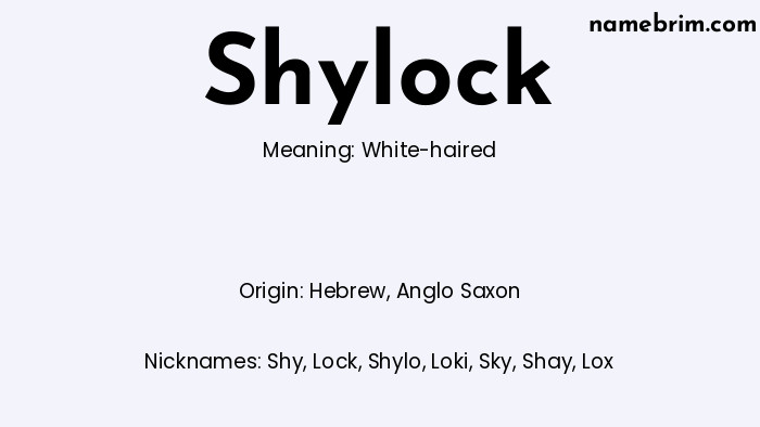 Infographic of Shylock name meaning, which is a name of Hebrew origin, Shylock means white-haired, and Shy is a nickname for Shylock.