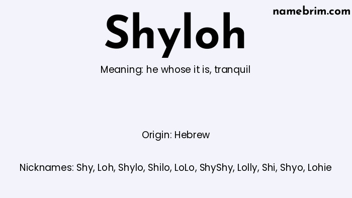 Infographic of Shyloh name meaning, which is a name of Hebrew origin, Shyloh means tranquil, and Shy is a nickname for Shyloh.