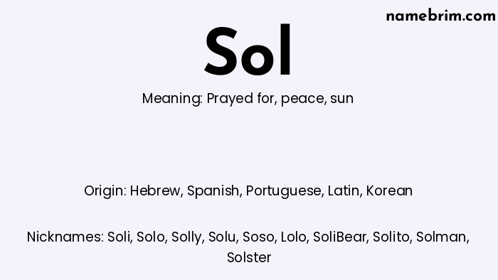 Infographic of Sol name meaning, which is a name of Hebrew origin, Sol means prayed for, and Soli is a nickname for Sol.