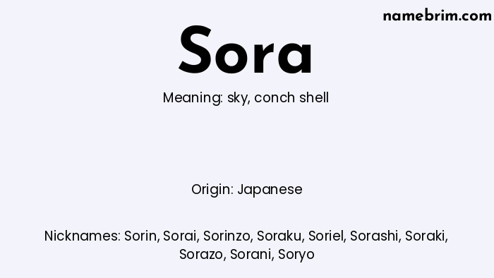 Sora, a name of Japanese origin, means 'conch shell.' A common nickname for Sora is Sorin.