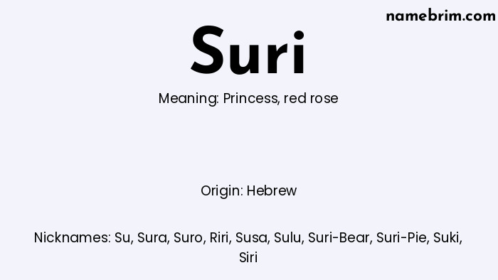 Infographic of Suri name meaning, which is a name of Hebrew origin, Suri means princess, and Sura is a nickname for Suri.