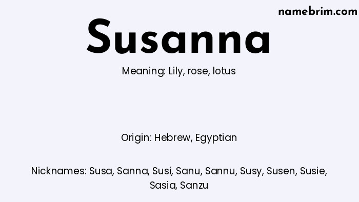 Infographic of Susanna name meaning, which is a name of Hebrew origin, Susanna means lily, and Susa is a nickname for Susanna.