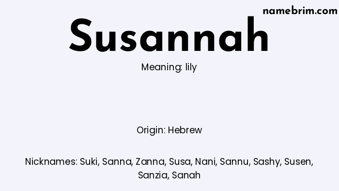 Infographic of Susannah name meaning, which is a name of Hebrew origin, Susannah means lily, and Suki is a nickname for Susannah.