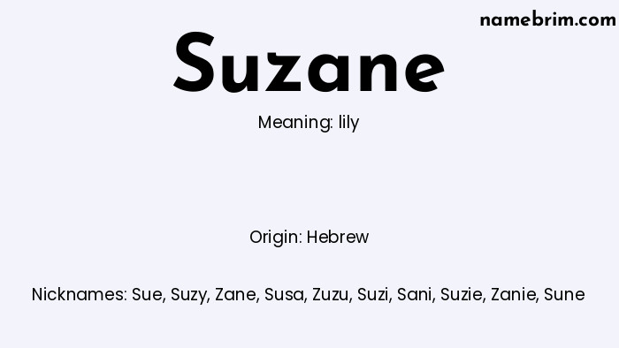 Suzane, a name of Hebrew origin, means 'lily.' A common nickname for Suzane is Sue.