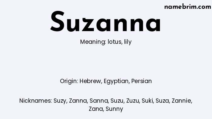 Infographic of Suzanna name meaning, which is a name of Hebrew origin, Suzanna means lily, and Suzy is a nickname for Suzanna.