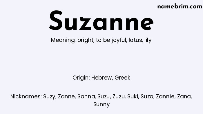 Infographic of Suzanne name meaning, which is a name of Hebrew origin, Suzanne means lily, and Suzy is a nickname for Suzanne.