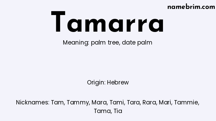 Infographic of Tamarra name meaning, which is a name of Hebrew origin, Tamarra means date palm, and Tam is a nickname for Tamarra.