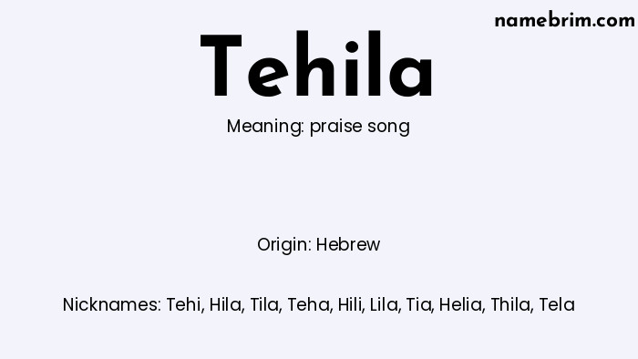 Tehila, a name of Hebrew origin, means 'praise song.' A common nickname for Tehila is Tehi.