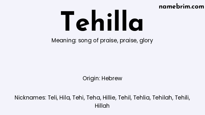 Infographic of Tehilla name meaning, which is a name of Hebrew origin, Tehilla means glory, and Teli is a nickname for Tehilla.