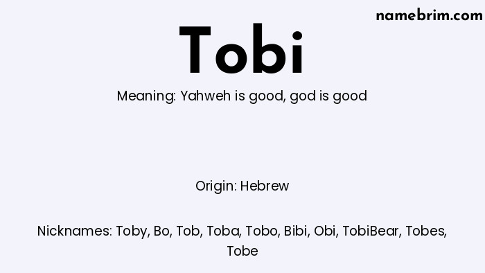 Infographic of Tobi name meaning, which is a name of Hebrew origin, Tobi means god is good, and Toby is a nickname for Tobi.