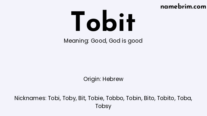 Infographic of Tobit name meaning, which is a name of Hebrew origin, Tobit means good, and Tobi is a nickname for Tobit.