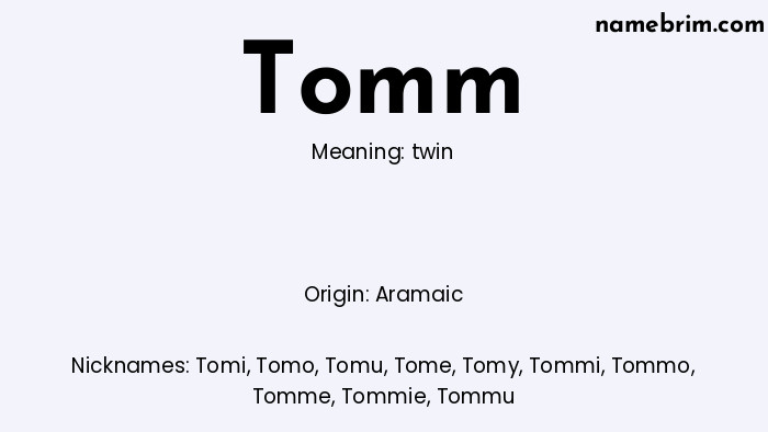 Tomm, a name of Aramaic origin, means 'twin.' A common nickname for Tomm is Tomi.