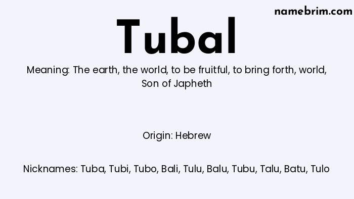 Infographic of Tubal name meaning, which is a name of Hebrew origin, Tubal means the earth, and Tuba is a nickname for Tubal.